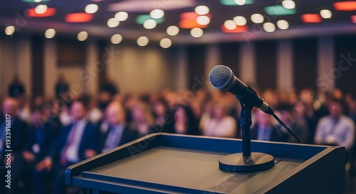 Microphone on podium with audience in background at conference or presentation event