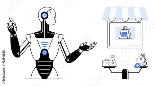 AI automation. AI automation supporting smart retail and economic balance. AI automation facilitating efficient decisions between finance, shopping, and lifestyle. Ideal for technology, retail
