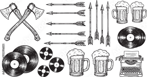 Vintage hand-drawn collection of axes, arrows, beer mugs, vinyl records, and a typewriter in an engraved style.