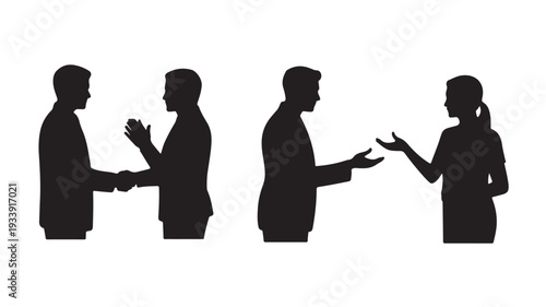 Business People Silhouettes Communicating and Gesturing Isolated on White Background