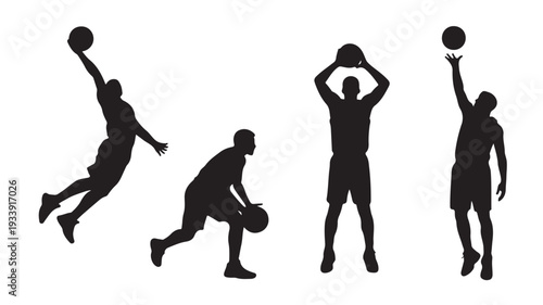 Basketball Players Silhouettes Playing on White Background