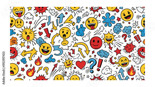 Joyful Expression: A vibrant array of emojis and abstract symbols dance across a lively canvas, brimming with infectious joy and whimsical energy.