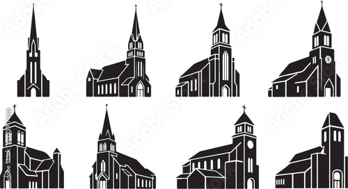 Collection of various church buildings in black silhouette style