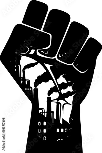 A raised fist illustration symbolizing protest against industrial pollution and environmental degradation
