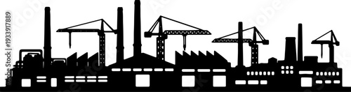 Industrial landscape with factories and cranes viewed from a distance in a graphic illustration