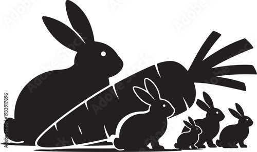 Family of rabbits with a large carrot silhouette graphic