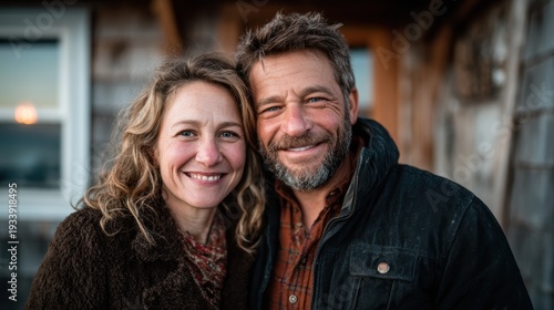A joyful couple stands close together, smiling warmly against a rustic backdrop, radiating love and friendship that captures the essence of human connection.
