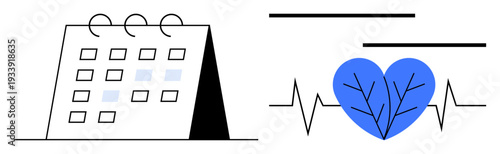 Healthcare planning, medical appointments, wellness scheduling, preventative care, time management, healthy lifestyle. A calendar next to a heartbeat line and heart illustration. Healthcare planning