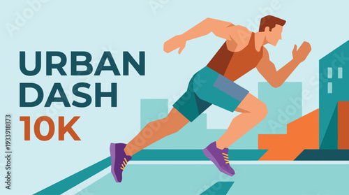 A determined man participates in an urban dash 10K race with city buildings in the background