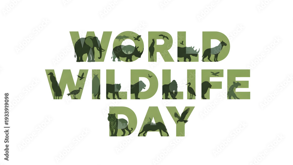 Naklejka premium World Wildlife Day green typography with animal silhouettes