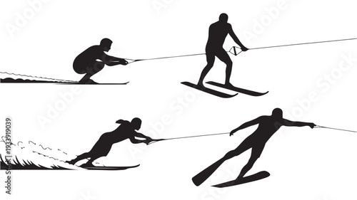 Vector Illustration Of Silhouette Skiers In Different Positions On Water For Sports And Recreation Concept