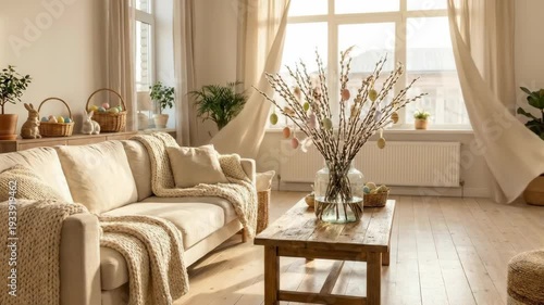 Cozy spring living room with Easter decoration. Rustic wood table with pussy willow branches and colorful eggs. Holiday home decor concept