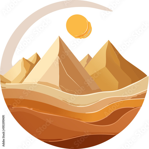 minimalist flat design vector illustration of egyptian pyramids and golden sun in a circular frame