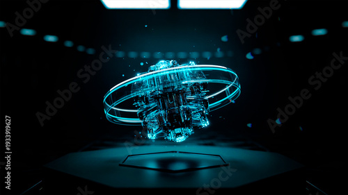 futuristic tech core, levitating on pedestal, cinematic cyan glow