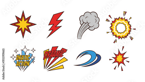 Comic Book Effects: A dynamic collection of vibrant comic book elements burst forth, capturing the energy of action.