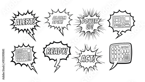 Comic Book Speech Bubbles: Set of dynamic speech bubbles with various action words, perfect for adding energy and impact to any design.
