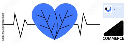 Commerce concept. Commerce integrates healthcare and digital technology with visual elements thumbs up a heartbeat, blue heart, and analytics. Commerce revolutionizing services and systems
