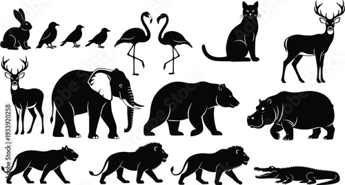 Large Set of Black Wild Animal Silhouettes Including Elephant Bear Lion Deer Rabbit Flamingo and Crocodile Isolated on White Background Vector