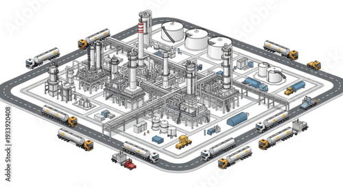 Industrial Factory Complex with Trucks.