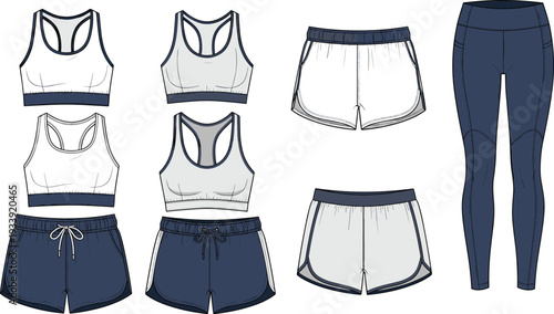 PrintTechnical Fashion Sketch Set of Women Activewear Featuring Sports Bra Gym Shorts and Leggings Isolated on White Background Vector Illustration