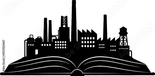 Industrial landscape illustration on open textbook pages showcasing factories and smokestacks from a frontal viewpoint
