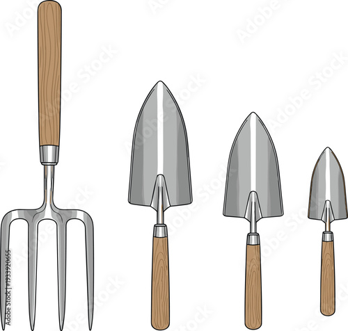 Set of Gardening Hand Tools Featuring Metal Pitchfork and Three Different Sized Trowels with Wooden Handles Isolated on White Background Vector