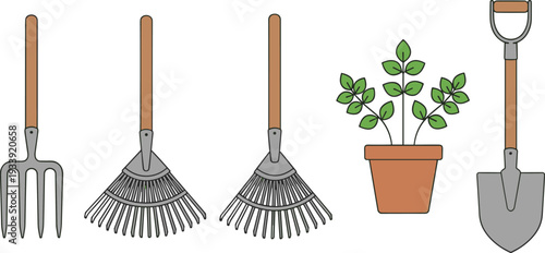 Set of Gardening Tools Including Pitchfork Rakes Shovel and Potted Plant Vector Illustration Isolated on White Background for Hobby and Landscaping