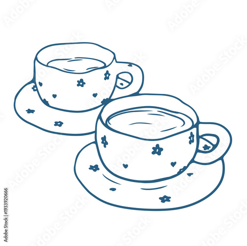 Two vintage tea cups with saucers, hand drawn line art tea cup set, minimal outline tea illustration vector