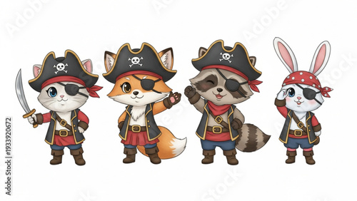 Cute Pirate Animal Characters: Fox, Cat, Raccoon, Rabbit