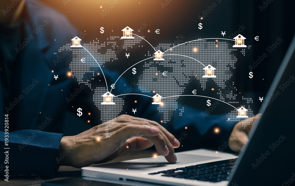 Fototapeta premium Global banking and international finance network concept with world map and currency symbols. Cross border transactions, digital payment system, financial services and global economic connectivity.