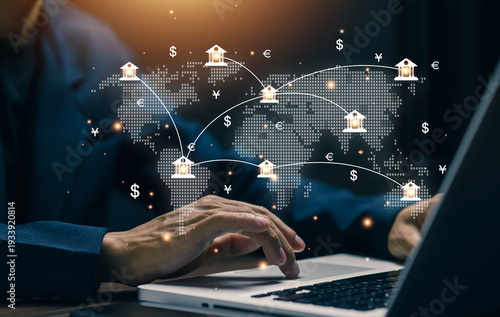 Global banking and international finance network concept with world map and currency symbols. Cross border transactions, digital payment system, financial services and global economic connectivity.