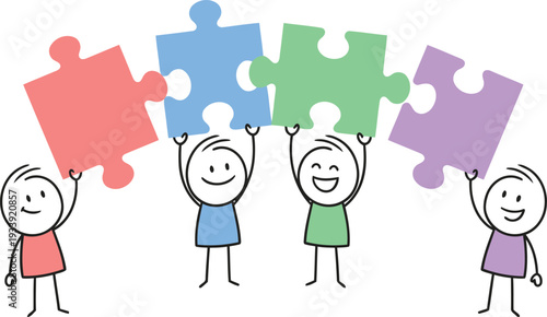 Four cheerful stick figures successfully connect vibrant puzzle pieces demonstrating teamwork and unity