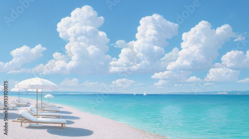 White beach umbrellas and comfortable sun loungers on a white sand coast by the turquoise sea under a bright sky with large fluffy clouds