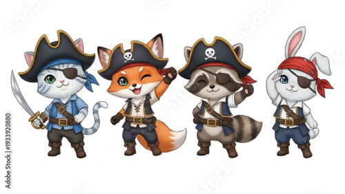 Cute Cartoon Pirate Animals Group on White Background
