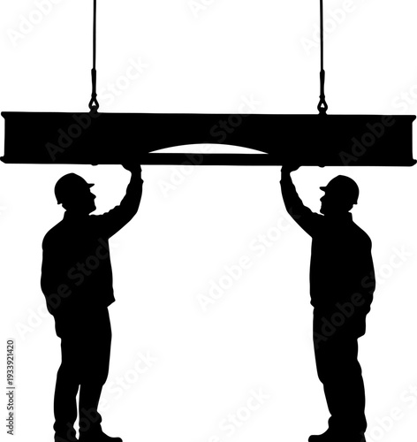 Two workers lifting a large beam suspended by cables, viewed from the side in a simple illustration