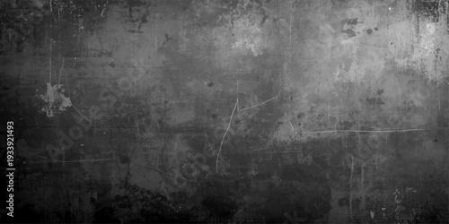 A dark aged surface features a scratched grunge metal texture with a rough gray concrete pattern and vintage dirty stone effects on an old textured black backdrop