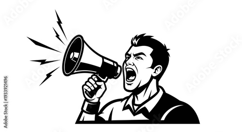 Man Shouting Loudly into Megaphone.
