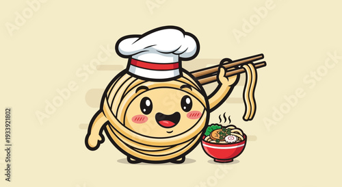 Cute Ramen Noodle Chef Character Eating Noodles