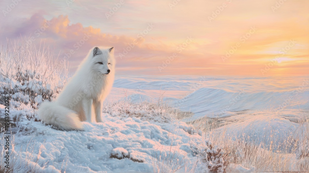 Fototapeta premium White arctic fox sitting in a snowy winter landscape during sunrise. Winter wonderland with wildlife for nature and season theme.
