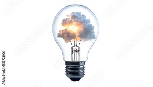 A lightbulb's glass encasement contains a miniature cloudy sky with a sun breaking through the clouds