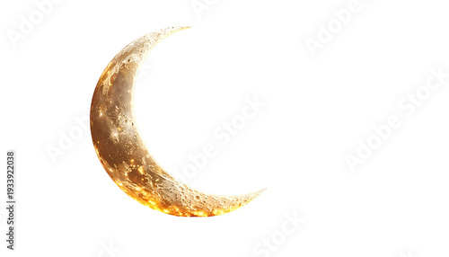 A luminous crescent moon, glowing gold against a vast, inky black backdrop, suggesting space or night. The lunar surface texture is visible