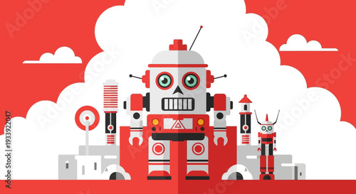 Retro Robot Character with Futuristic Cityscape Background