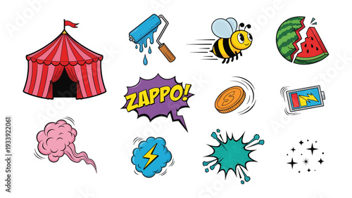 Playful Elements: A collection of vibrant illustrations showcases whimsical figures and objects, each with its unique charm and playful essence, inviting imagination and delight.