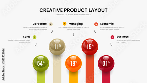 Professional Report Five Element Infographic Slideshow Design. Enterprise Launch Slide Template Vector Illustration. Corporate Solution 5 Option Chart Presentation Layout.