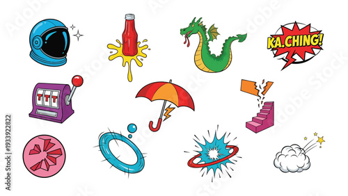 Whimsical Icon Array: A collection of quirky and colorful cartoon icons, each a unique expression, perfect for adding a touch of playful creativity.