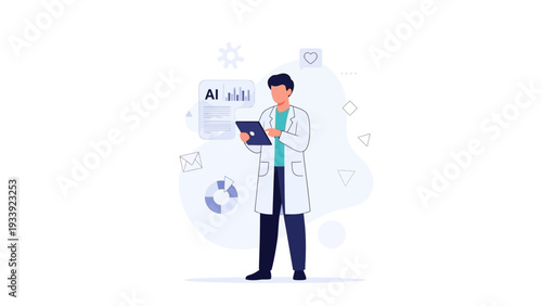 Scientist Analyzing Data with Tablet and AI Interface