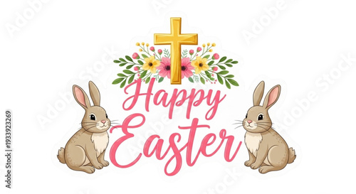 Happy Easter Greeting with Christian Cross Bunnies and Spring Flowers for Festive Holiday Celebration Card or Social Media Post