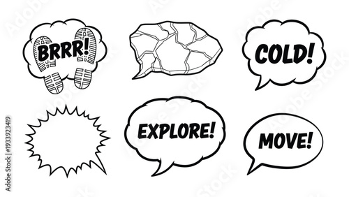 Dialogue bubbles: A collection of stylized dialogue bubbles filled with dynamic speech patterns. The array of designs showcase diverse communication styles.