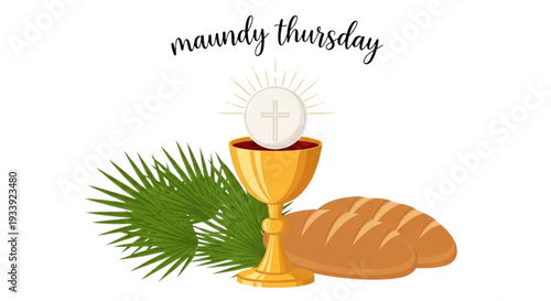 Maundy Thursday Holy Communion. Sacred Christian Eucharist with Chalice, Bread, and Palm Leaves for Worship and Faith.