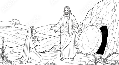 Christian Woman Kneeling Before Resurrected Figure at Empty Tomb. Easter Miracle of Hope and Faith.